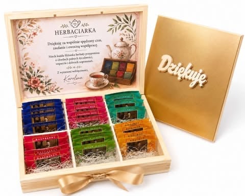 Herbaciarka herbal tea gift set in wooden box with assorted tea bags in colorful compartments and gold ribbon bow