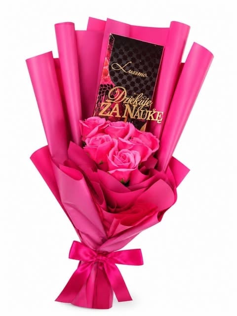 Pink flower bouquet with book gift, wrapped in hot pink paper with ribbon bow