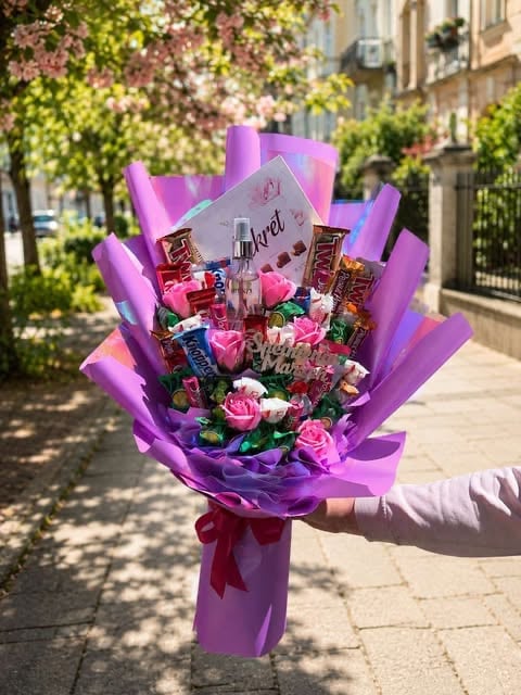 Person holding vibrant purple gift bouquet with pink flowers, chocolate boxes, and decorative elements on city street
