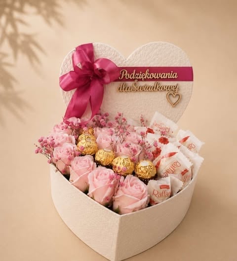 Heart-shaped white box filled with pink roses, golden chocolates, and candies, topped with a pink bow and congratulatory Polish message tag
