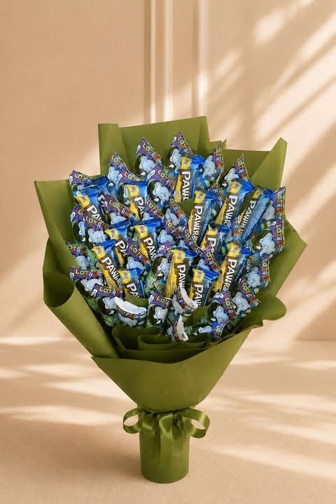 Bouquet of blue and gold wrapped candies arranged with green paper wrapping and ribbon bow on tan background