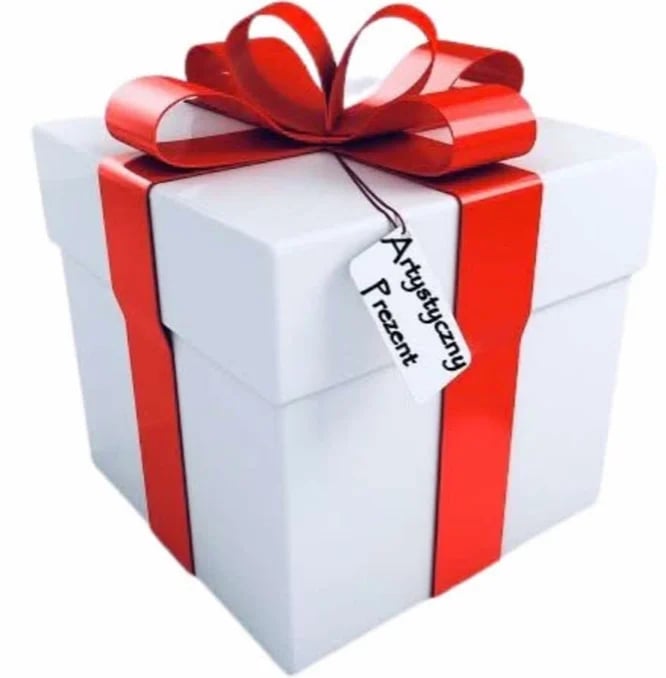 White gift box with red ribbon bow and Something Special tag attached