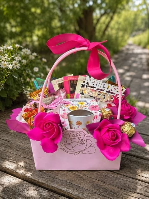 Pink gift basket with bright magenta flowers, candies, and a mug, decorated with a pink ribbon bow, displayed on a wooden surface outdoors
